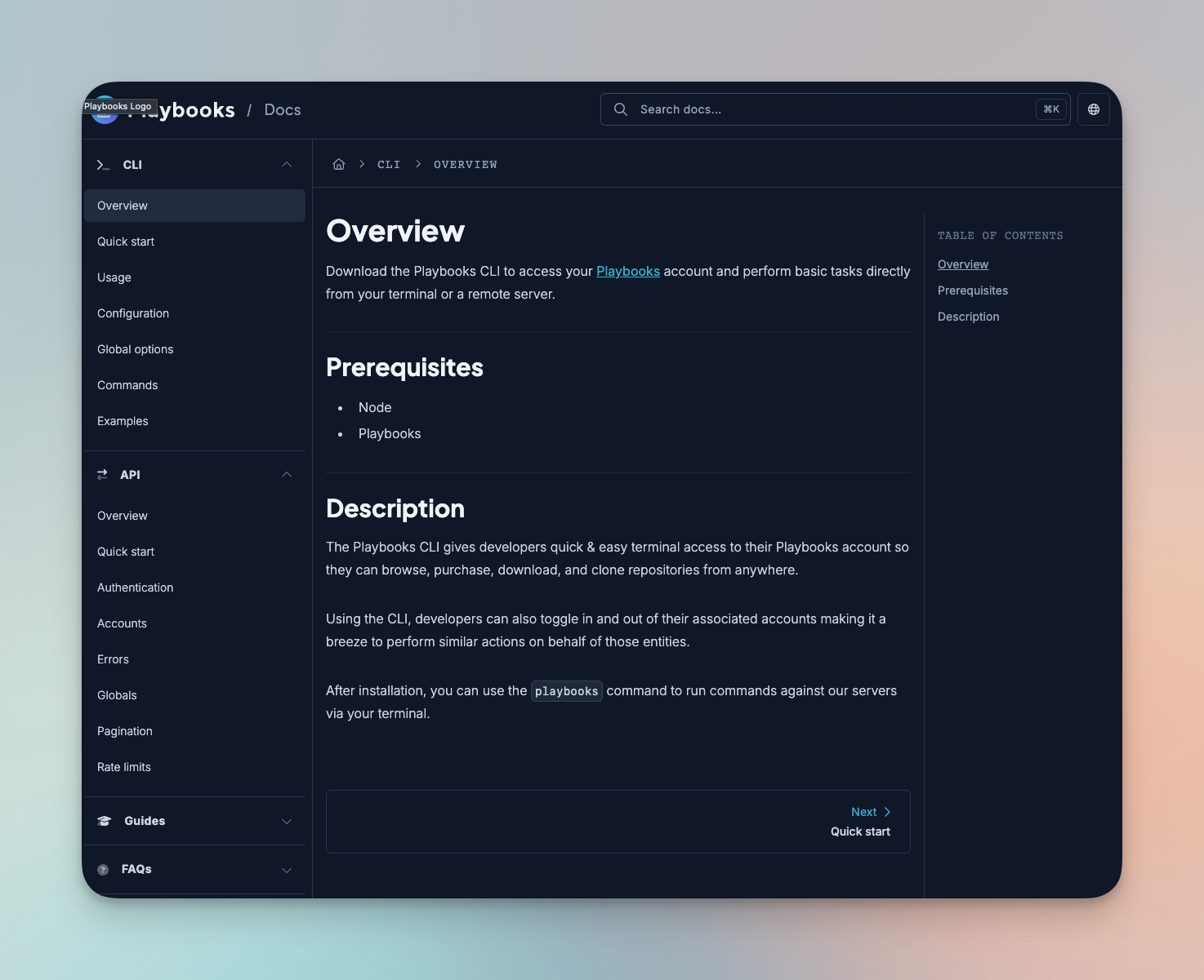 A screenshot of the Playbooks Docs website