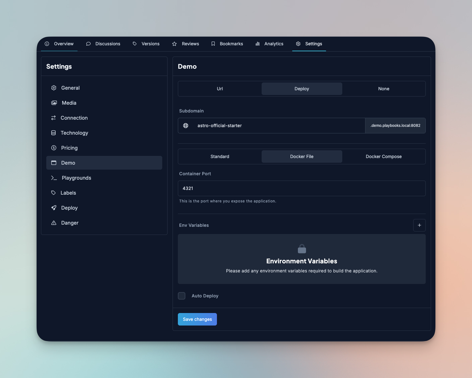 A screenshot showing your deployment configuration