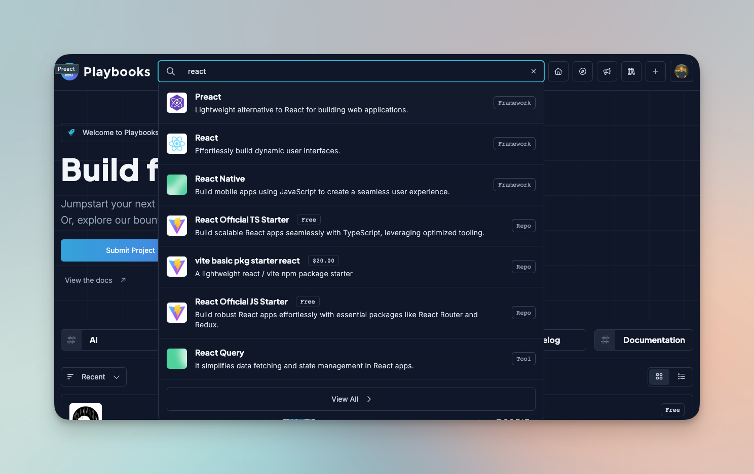 A screenshot of the search page with the sidebar open