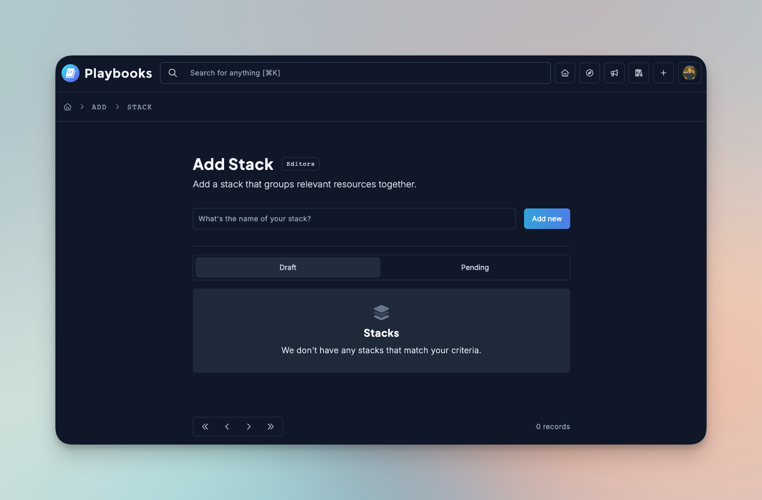 A screenshot adding a stack to Playbooks