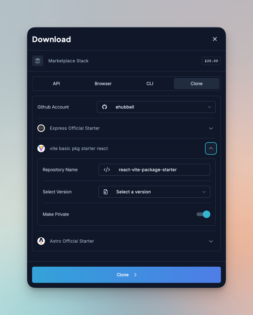 A screenshot of cloning a stack on Playbooks